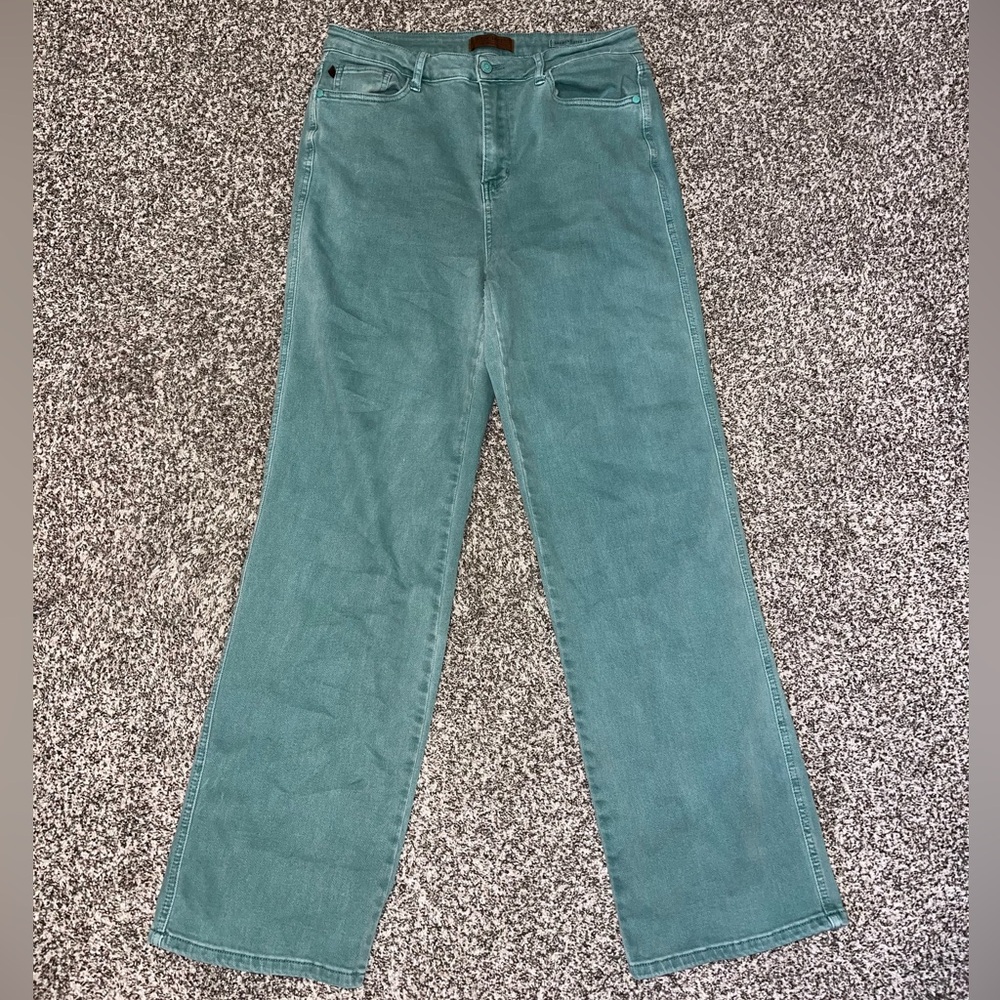teal high waisted jeans with a straight leg